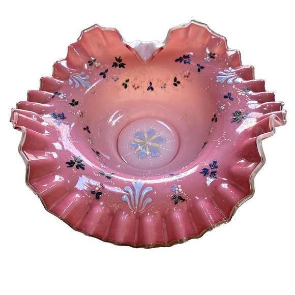 Victorian Brides Basket Bristol? Glass Cranberry Pink & White Bowl Enamel Design - Picture 1 of 10